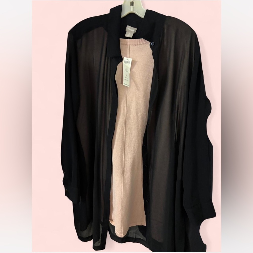 Sheer Black Button-Up Shirt with Pink Sweater